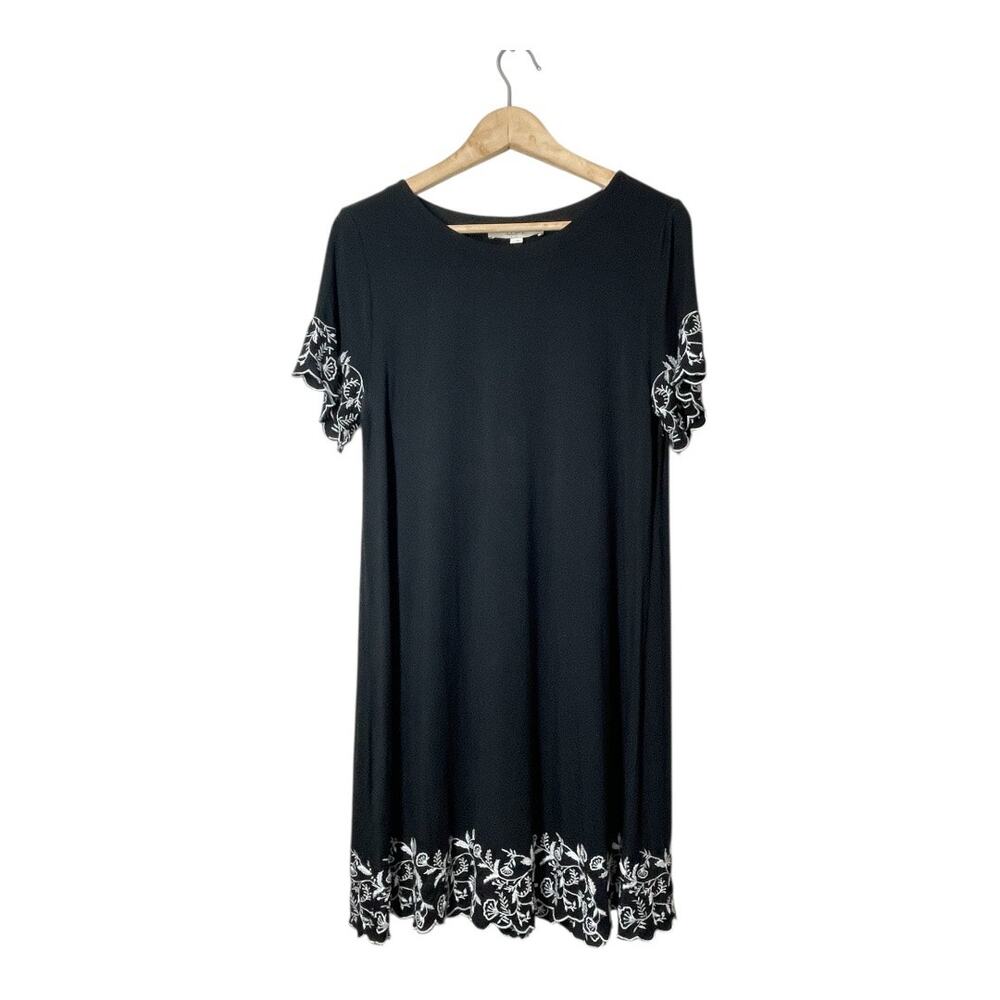 LOFT Jersey Embroidered Dress Black White Size Small Short Sleeve Scallop Edge